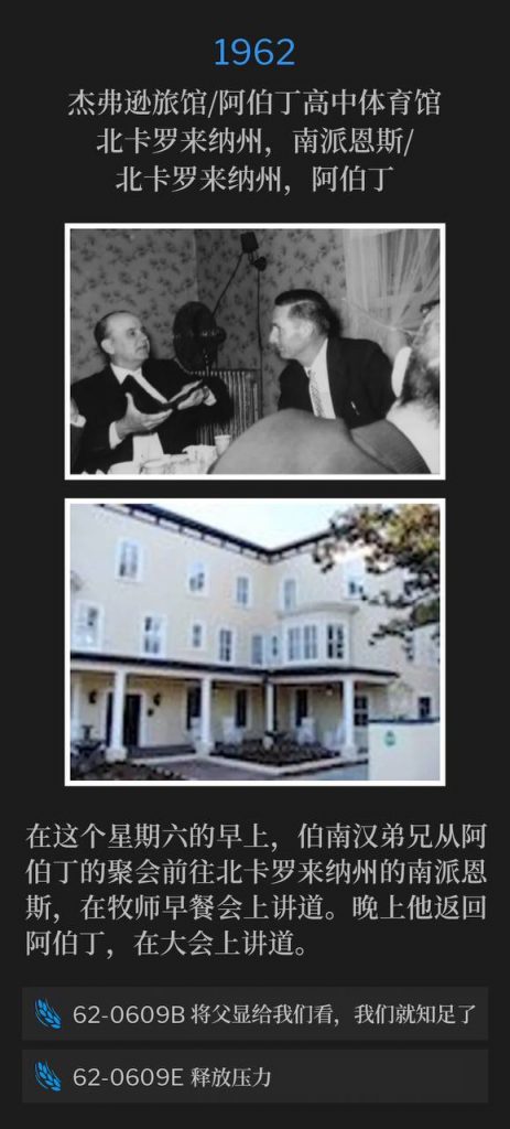 1962：
The Jefferson Inn / Aberdeen High School Gymnasium, Southern Pines, NC / Aberdeen, NC
杰弗逊旅馆/阿伯丁高中体育馆，北卡罗来纳州，南派恩斯/北卡罗来纳州，阿伯丁

On this Saturday morning, Brother Branham traveled to Southern Pines, NC from the meetings in Aberdeen to speak at a ministerial breakfast. This evening he returned to Aberdeen to speak a service at the convention.
在这个星期六的早上，伯南汉弟兄从阿伯丁的聚会前往北卡罗来纳州的南派恩斯，在牧师早餐会上讲道。晚上他返回阿伯丁，在大会上讲道。

62-0609B Show Us The Father And It Will Sufficeth Us
62-0609B 将父显给我们看，我们就知足了


62-0609E Letting Off The Pressure
62-0609E 释放压力