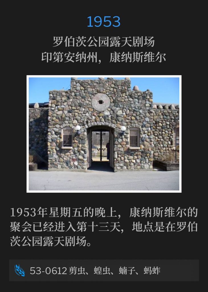 1953：
Roberts Park Amphitheater, Connersville, IN
罗伯茨公园露天剧场，印第安纳州，康纳斯维尔

Friday evening of 1953, the Connersville meetings were in their thirteenth day at the Roberts Park Amphitheater.
1953年星期五的晚上，康纳斯维尔的聚会已经进入第十三天，地点是在罗伯茨公园露天剧场。

53-0612 Palmerworm, Locust, Cankerworm, Caterpillar
53-0612 剪虫、蝗虫、蝻子、蚂蚱
