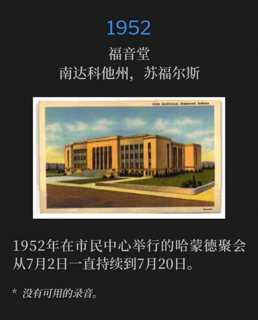 1952：
Civic Center, Hammond, IN
市民中心，印第安纳州，哈蒙德

The Hammond meetings of 1952 , hosted by the Civic Center, continued from July 2nd through July 20th.
1952年在市民中心举行的哈蒙德聚会从7月2日一直持续到7月20日。

* No recordings available.
* 没有可用的录音