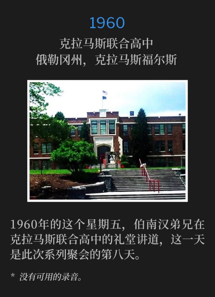 1960:
Klamath Union High School, Klamath Falls, OR
克拉马斯联合高中，俄勒冈州，克拉马斯福尔斯

Brother Branham was speaking at the Klamath Union High School Auditorium on this Friday in 1960, for the eighth day of the meetings.
1960年的这个星期五，伯南汉弟兄在克拉马斯联合高中的礼堂讲道，这一天是此次系列聚会的第八天。

* No recordings available.
* 没有可用的录音。
