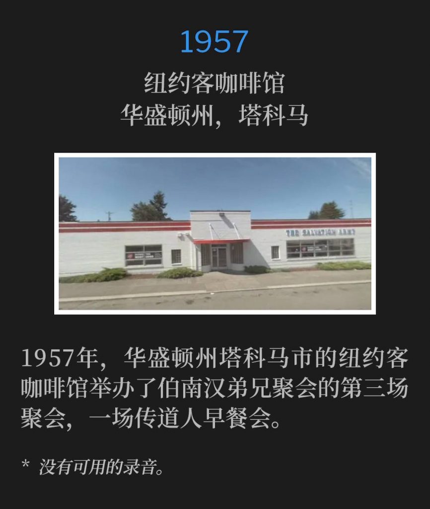 1957：
New Yorker Cafe, Tacoma, WA
纽约客咖啡馆，华盛顿州，塔科马

In 1957, the New Yorker Cafe in Tacoma, WA hosted the third service of Brother Branham's meeting, a ministerial men's breakfast.
1957年，华盛顿州塔科马市的纽约客咖啡馆举办了伯南汉弟兄聚会的第三场聚会，一场传道人早餐会。

* No recordings available.
* 没有可用的录音。
