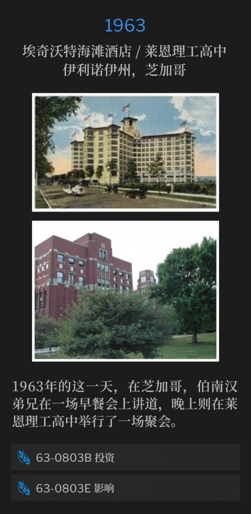 1963:
Edgewater Beach Hotel / Lane Tech High School, Chicago, IL
埃奇沃特海滩酒店 / 莱恩理工高中，伊利诺伊州，芝加哥

On this day in Chicago 1963, Brother Branham spoke at a breakfast in the morning and held an evening service at Lane Tech High School.
1963年的这一天，在芝加哥，伯南汉弟兄在一场早餐会上讲道，晚上则在莱恩理工高中举行了一场聚会。

63-0803B Investments
63-0803B 投资

63-0803E Influence
63-0803E 影响