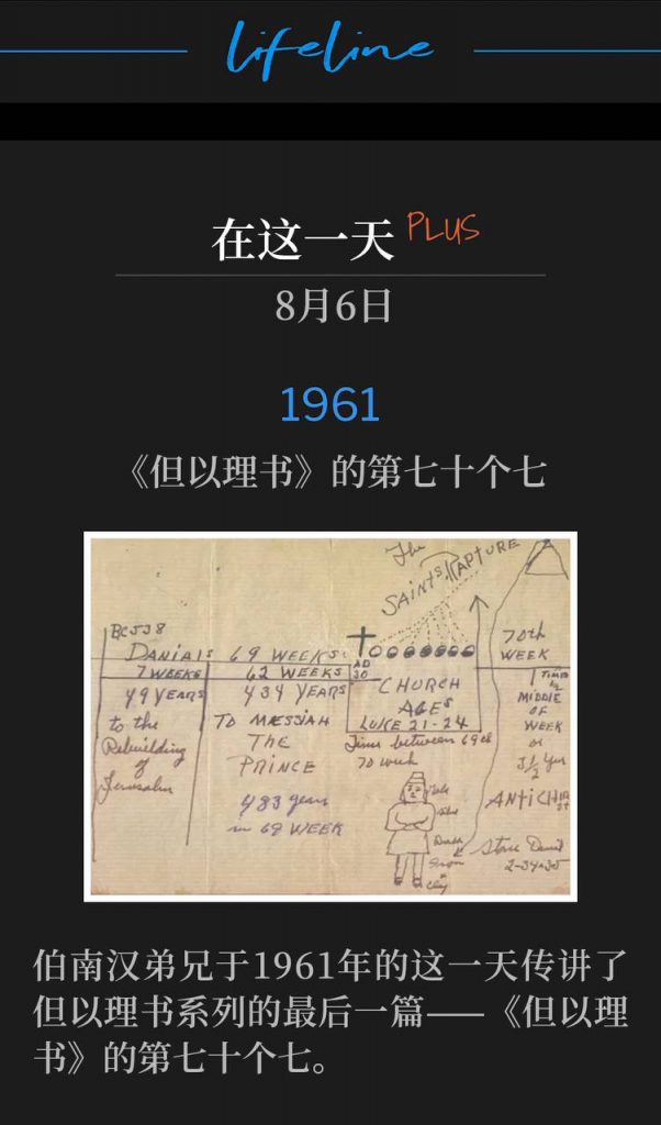 1961PLUS：
The Seventieth Week Of Daniel
《但以理书》的第七十个七

Brother Branham preached the conclusion of the Daniel's Series, "The Seventieth Week Of Daniel" on this day in 1961.
伯南汉弟兄于1961年的这一天传讲了但以理书系列的最后一篇——《但以理书》的第七十个七。
