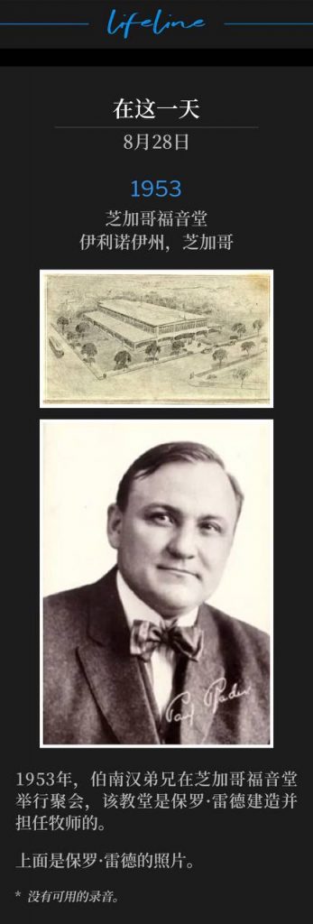 1953：
Chicago Gospel Tabernacle, Chicago, IL
芝加哥福音堂，伊利诺伊州，芝加哥

In 1953, Brother Branham was holding meetings at Chicago Gospel Tabernacle, the church that Paul Rader built and pastored.
1953年，伯南汉弟兄在芝加哥福音堂举行聚会，该教堂是保罗·雷德建造并担任牧师的。

Paul Rader's picture above.
上面是保罗·雷德的照片。

* No recordings available.
* 没有可用的录音。