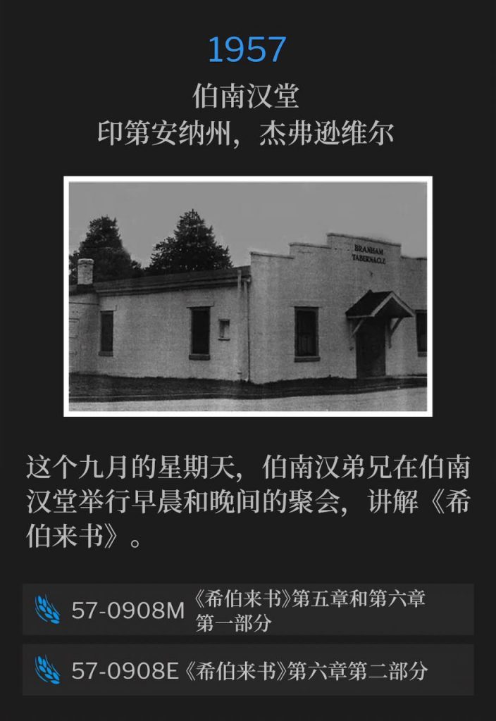 1957：
Branham Tabernacle, Jeffersonville, IN
伯南汉堂，印第安纳州，杰弗逊维尔

Brother Branham was at the Tabernacle, during the morning and evening services, this September Sunday, teaching from the book of Hebrews.
这个九月的星期天，伯南汉弟兄在伯南汉堂举行早晨和晚间的聚会，讲解《希伯来书》。

57-0908M Hebrews, Chapter Five And Six #1
57-0908M 《希伯来书》第五章和第六章第一部分

57-0908E Hebrews, Chapter Six #2
57-0908E 《希伯来书》第六章第二部分