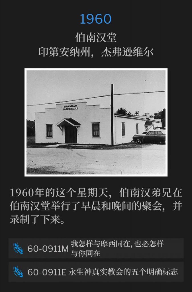 1960：
Branham Tabernacle, Jeffersonville, IN
伯南汉堂，印第安纳州，杰弗逊维尔

On this Sunday in 1960, a morning and evening service of Brother Branham were recorded at the Tabernacle.
1960年的这个星期天，伯南汉弟兄在伯南汉堂举行了早晨和晚间的聚会，并录制了下来。

60-0911M As I Was With Moses, So I Will Be With Thee
60-0911M 我怎样与摩西同在，也必怎样与你同在

60-0911E Five Definite Identifications Of The True Church Of The Living God
60-0911E 永生神真实教会的五个明确标志