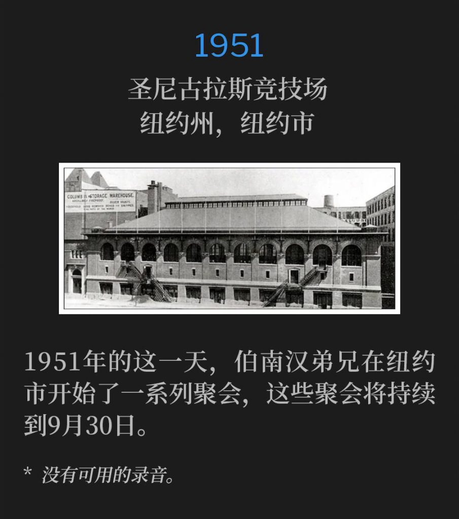 1951：
St. Nicholas Arena, New York, NY
圣尼古拉斯竞技场，纽约州，纽约市

Brother Branham was in New York City, on this date in 1951, to begin a series of services, that would last through September 30th.
1951年的这一天，伯南汉弟兄在纽约市开始了一系列聚会，这些聚会将持续到9月30日。

* No recordings available.
* 没有可用的录音。
