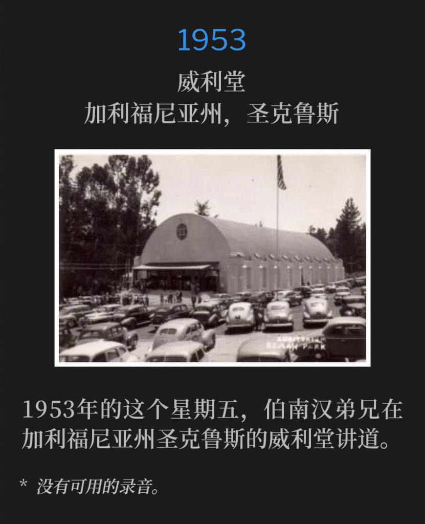 1953:
Wiley Temple, Santa Cruz, CA
威利堂，加利福尼亚州，圣克鲁斯

On this Friday in 1953, Brother Branham was in Santa Cruz, CA, speaking at Wiley Temple.
1953年的这个星期五，伯南汉弟兄在加利福尼亚州圣克鲁斯的威利堂讲道。

* No recordings available.
* 没有可用的录音。

