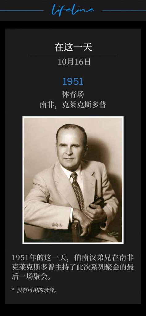 1951:
Stadium, Klerksdorp, South Africa
体育场,南非,克莱克斯多普
Brother Branham held the final service of the Klerksdorp, South Africa meetings on this day in 1951.
1951年的这一天,伯南汉弟兄在南非克莱克斯多普主持了此次系列聚会的最后一场聚会。
* No recordings available.
* 没有可用的录音。