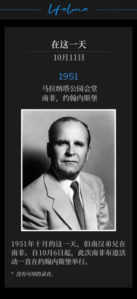 1951:
Maranatha Park Tabernacle, Johannesburg, South Africa
马拿拉塔公园会堂,南非,约翰内斯堡
Brother Branham was in South Africa on this October day in 1951. The South Africa campaign has been in Johannesburg since October 6th.
1951年十月的这一天,伯南汉弟兄在南非。自10月6日起,此次南非布道活动一直在约翰内斯堡举行。
* No recordings available.
* 没有可用的录音。