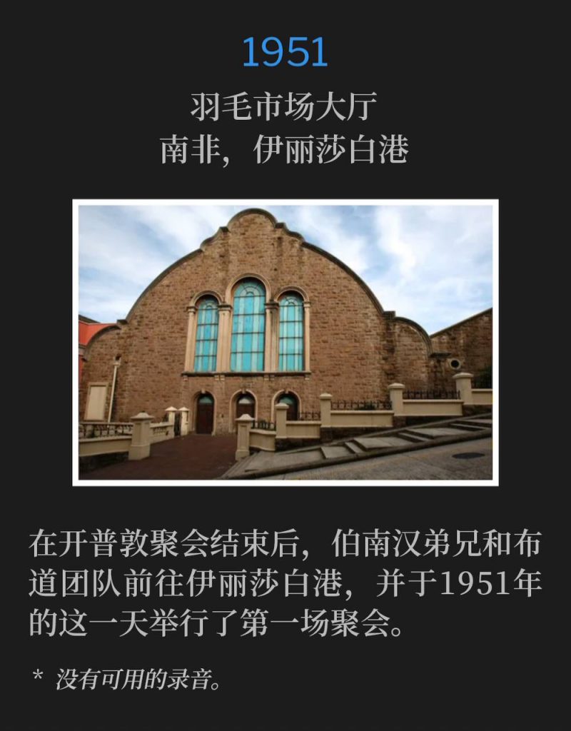 1951:
Feather Market Hall, Port Elizabeth, South Africa
羽毛市场大厅,南非,伊丽莎白港
After the conclusion of the Capetown meetings, Brother Branham and the campaign traveled to Port Elizabeth, and held the first service on this day in 1951.
在开普敦聚会结束后,伯南汉弟兄和布道团队前往伊丽莎白港,并于1951年的这一天举行了第一场聚会。
* No recordings available.
* 没有可用的录音。