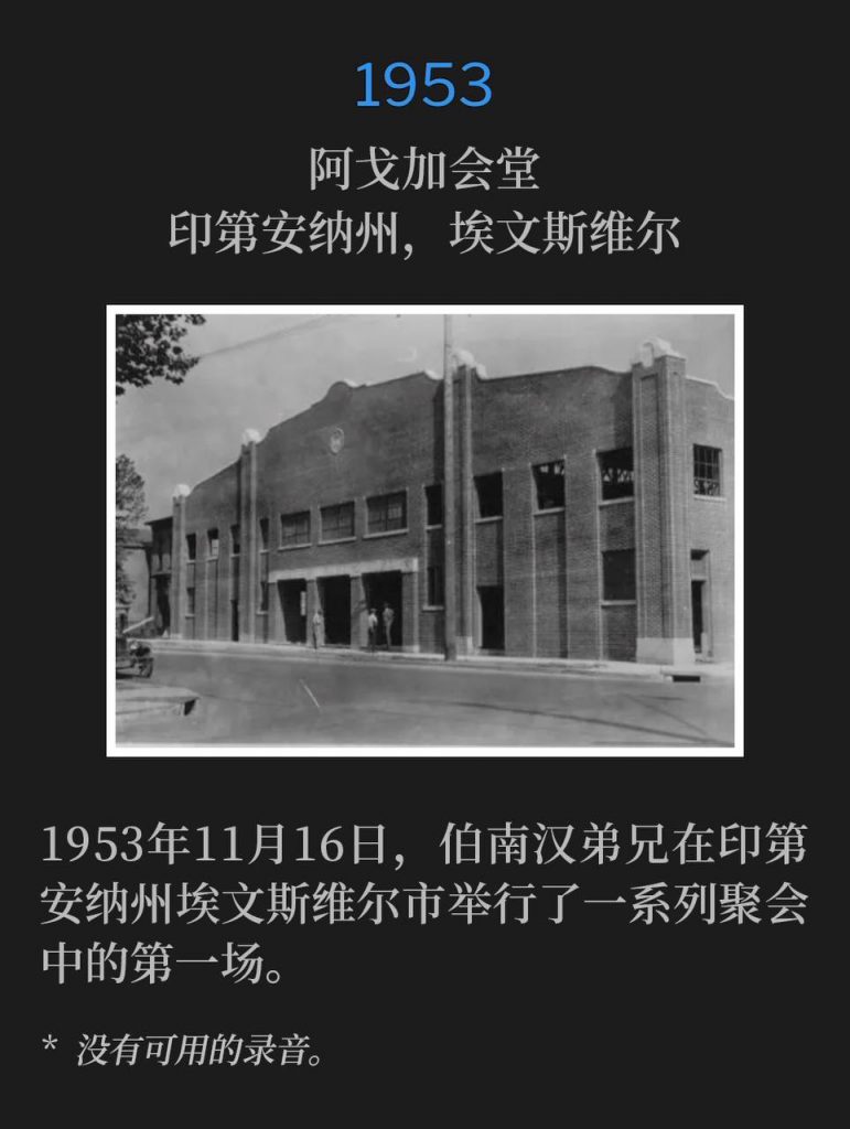 1953:
Agoga Tabernacle, Evansville, IN
阿戈加会堂,印第安纳州,埃文斯维尔
November 16th was the first of a series of meetings that Brother Branham had in the city of Evansville, Indiana in 1953.
1953年11月16日,伯南汉弟兄在印第安纳州埃文斯维尔市举行了一系列聚会中的第一场。
* No recordings available.
* 没有可用的录音。