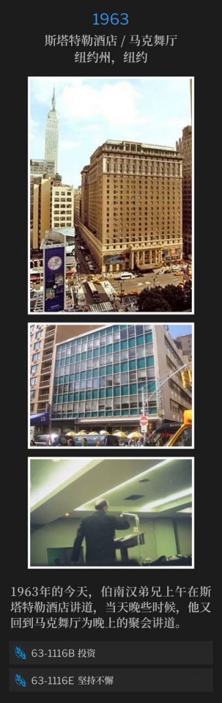 1963:
Statler Hotel / Marc Ballroom, New York, NY
斯塔特勒酒店 / 马克舞厅,纽约州,纽约
Today in 1963, Brother Branham spoke at the Statler Hotel in the morning and later that day, he returned to Marc Ballroom for the evening service.
1963年的今天,伯南汉弟兄上午在斯塔特勒酒店讲道,当天晚些时候,他又回到马克舞厅为晚上的聚会讲道。
63-1116B Investments
63-1116B 投资
63-1116E Perseverance
63-1116E 坚持不懈