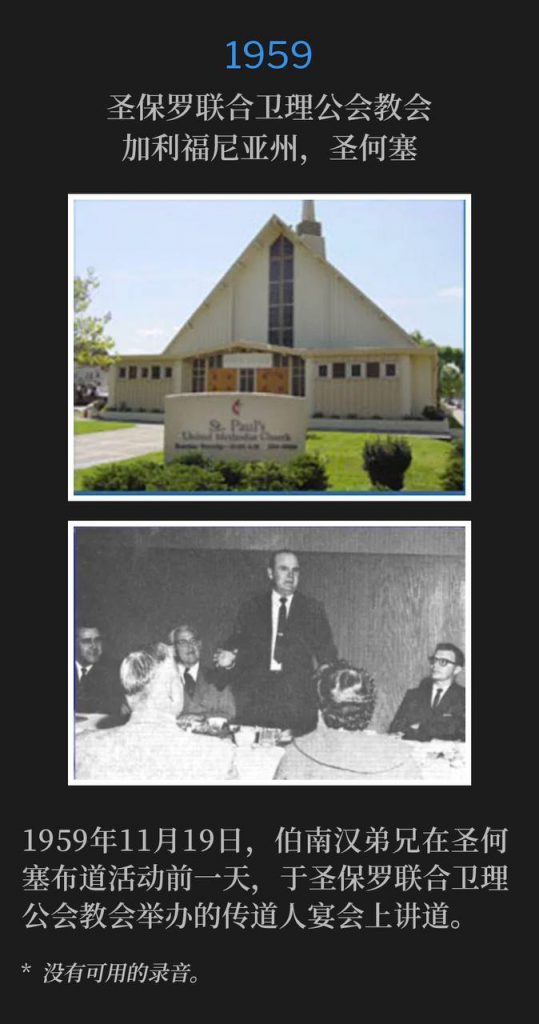 1959:
St. Paul's United Methodist Church, San Jose, CA
圣保罗联合卫理公会教堂,加利福尼亚州,圣何塞
November 19th, 1959, Brother Branham spoke at a ministerial banquet, hosted by St. Paul's United Methodist Church, a day before the San Jose campaign.
1959年11月19日,伯南汉弟兄在圣何塞布道活动前一天,于圣保罗联合卫理公会教会举办的传道人宴会上讲道。
* No recordings available.
* 没有可用的录音。