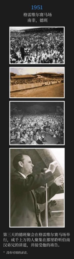 1951:
Greyville Race Course, Durban, South Africa
格雷维尔赛马场,南非,德班
Day three of the Durban meetings were held at Greyville Race Course, where thousands had gathered to hear and be prayed for by Brother Branham.
德班聚会的第三天在格雷维尔赛马场举行,成千上万的人聚集在那里聆听伯南汉弟兄的讲道,并接受他的祷告。
* No recordings available.
* 没有可用的录音。