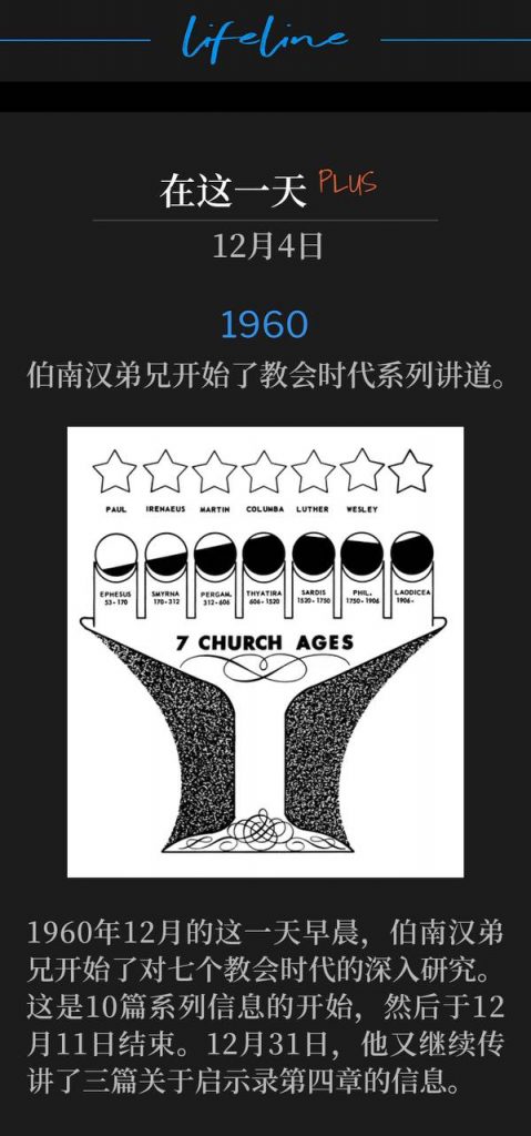 1960PLUS:
Brother Branham begins the Church Age Series.
伯南汉弟兄开始了教会时代系列讲道。
Brother Branham started the deep study on the Seven Church Ages on this December morning of 1960. This was the start of a 10 message series that ended on December 11. It continued back on December 31 with three more messages on Revelation Chapter 4.
1960年12月的这一天早晨,伯南汉弟兄开始了对七个教会时代的深入研究。这是10篇系列信息的开始,然后于12月11日结束。12月31日,他又继续传讲了三篇关于启示录第四章的信息。