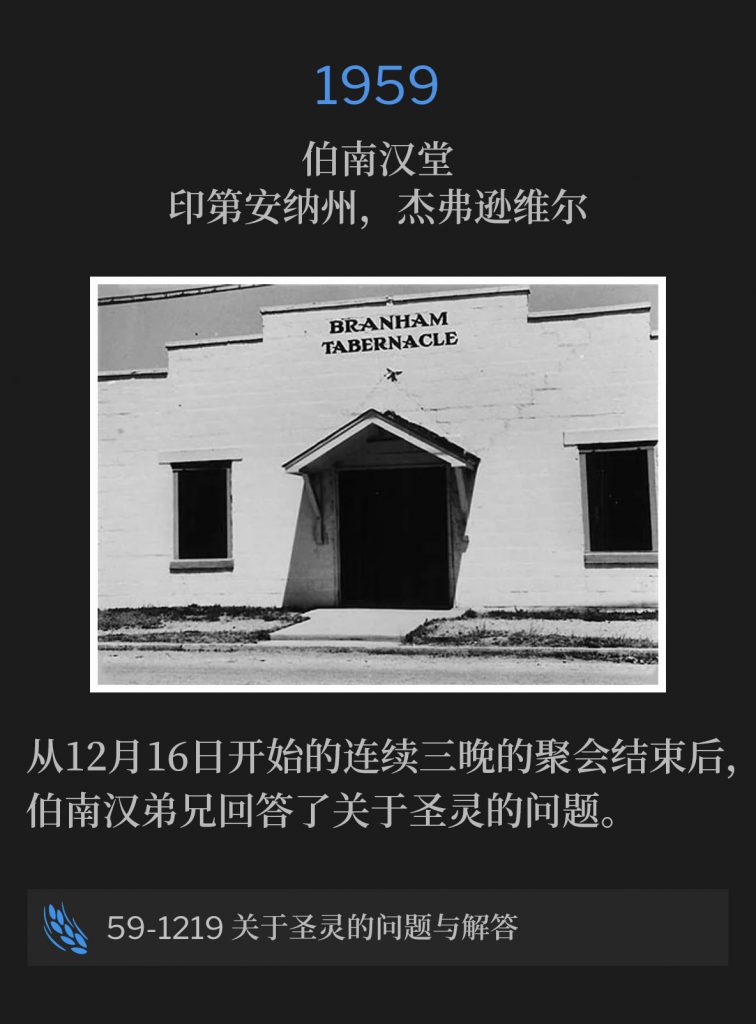 1959:
Branham Tabernacle, Jeffersonville, lN
伯南汉堂,印第安纳州,杰弗逊维尔
Brother Branham answered questions on the Holy Ghost after three nights services that started December 16th.
从12月16日开始的连续三晚的聚会结束后,伯南汉弟兄回答了关于圣灵的问题。
59-1219 Questions And Answers On The Holy Ghost
59-1219 关于圣灵的问题与解答