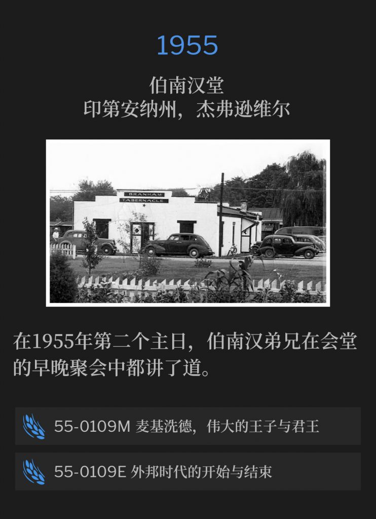 1955:
Branham Tabernacle, Jeffersonville, lN
伯南汉堂，印第安纳州，杰弗逊维尔

Brother Branham spoke both the morning and evening services at the Tabernacle on this second Sunday of 1955.
在1955年第二个主日，伯南汉弟兄在会堂的早晚聚会中都讲了道。

55-0109M Melchisedec, The Great Prince And King
55-0109M 麦基洗德，伟大的王子与君王

55-0109E Beginning And Ending Of The Gentile Dispensation
55-0109E 外邦时代的开始与结束
