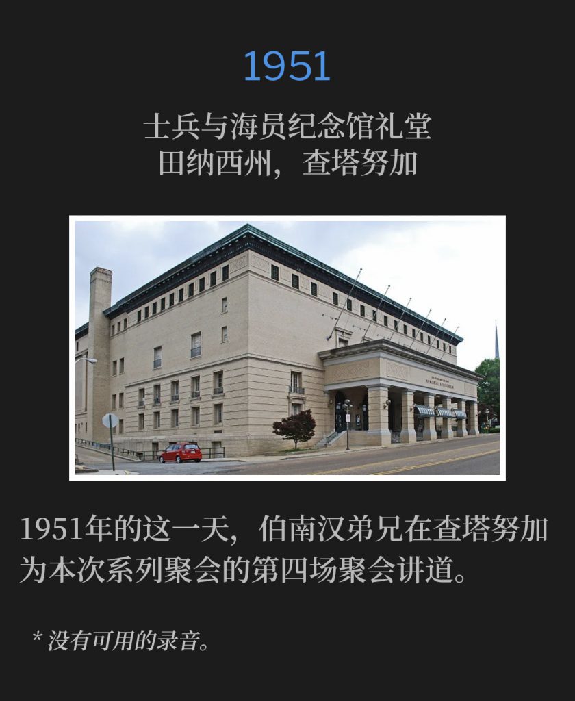 1951:
Soldiers and Sailors Memorial Auditorium, Chattanooga, TN
士兵与海员纪念馆礼堂,田纳西州,查塔努加
Brother Branham was speaking in Chattanooga for the fourth service of the meetings on this day in 1951.
1951年的这一天,伯南汉弟兄在查塔努加为本次系列聚会的第四场聚会讲道。
* No recordings available.
* 没有可用的录音
