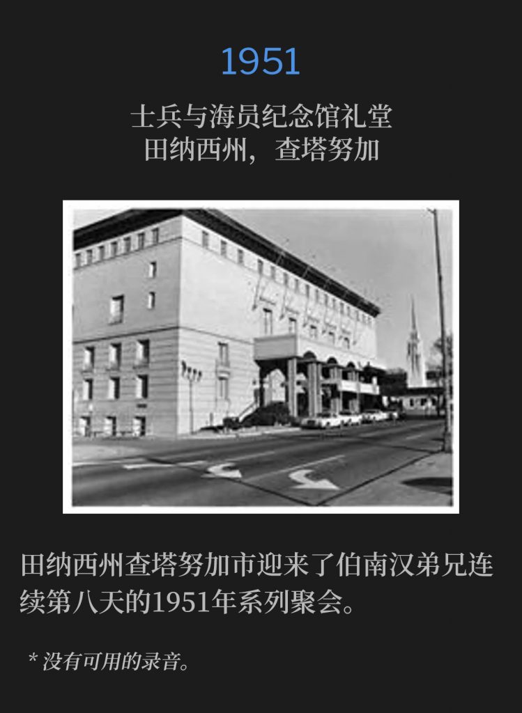 1951：
Soldiers and Sailors Memorial Auditorium, Chattanooga, TN
士兵与海员纪念馆礼堂，田纳西州，查塔努加

Chattanooga, TN was host to Brother Branham for the eighth straight day of the 1951 meetings.
田纳西州查塔努加市迎来了伯南汉弟兄连续第八天的1951年系列聚会。

* No recordings available.
* 没有可用的录音。
