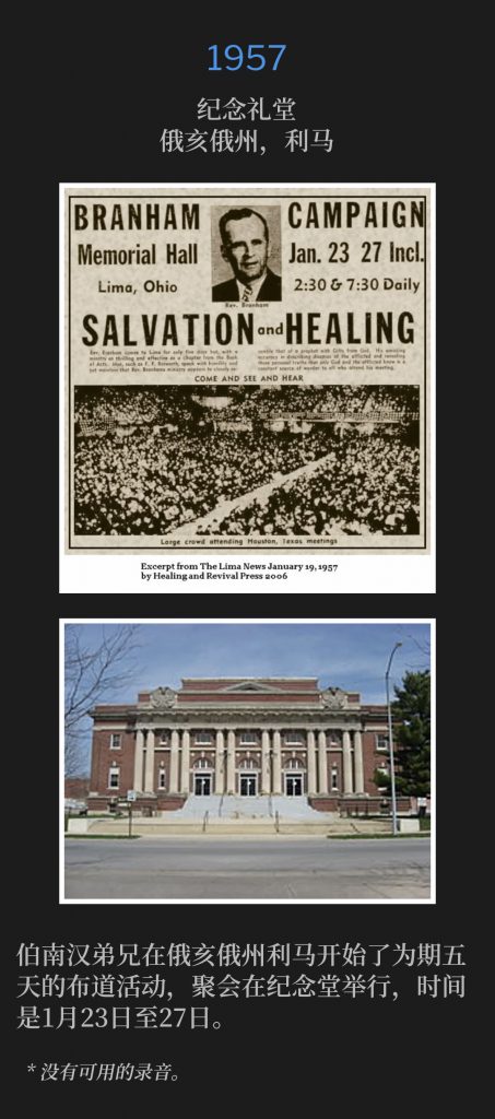 1957:
Memorial Hall, Lima, OH
纪念礼堂，俄亥俄州，利马

Brother Branham began a 5 day campaign in Lima, OH with services being held at Memorial Hall, Jan.23 -27.
伯南汉弟兄在俄亥俄州利马开始了为期五天的布道活动，聚会在纪念堂举行，时间是1月23日至27日。

* No recordings available.
* 没有可用的录音。