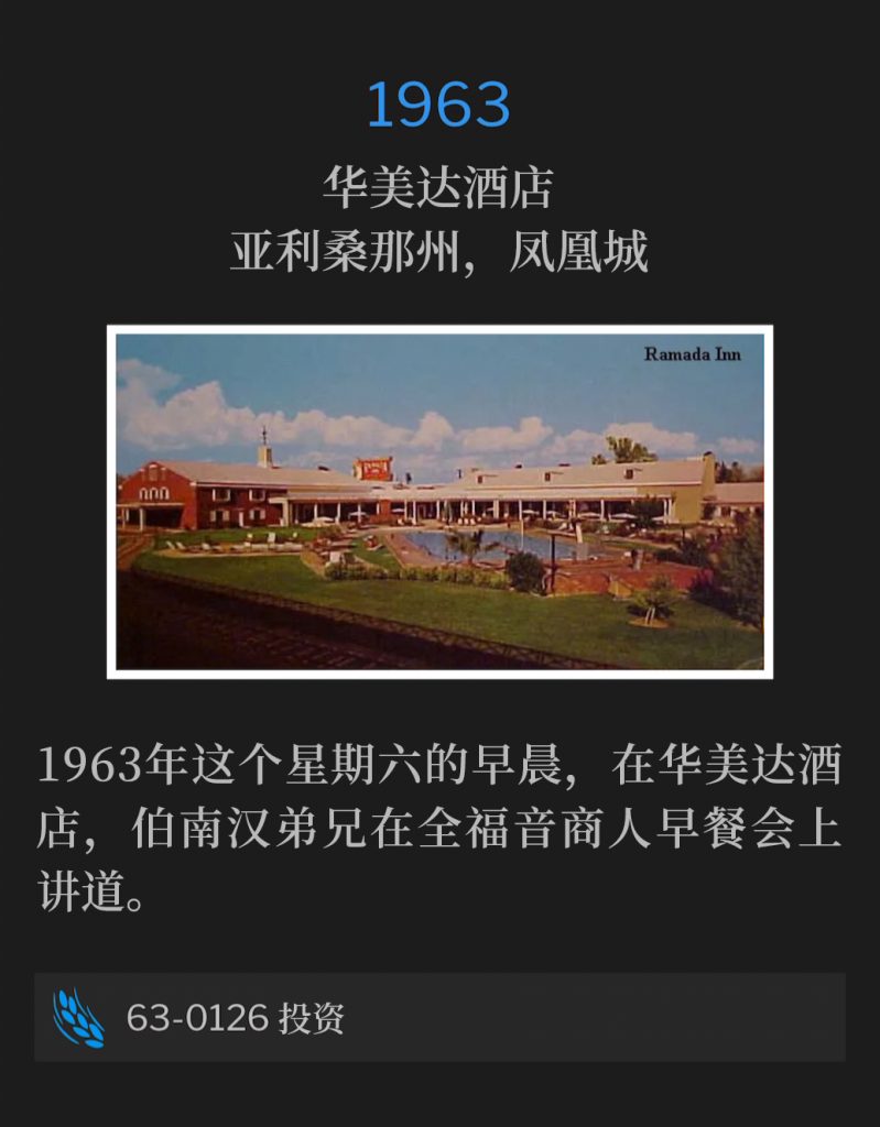 1963:
Ramada Inn, Phoenix, AZ
华美达酒店，亚利桑那州，凤凰城

Brother Branham spoke at the Full Gospel Businessmen's breakfast at the Ramada Inn, on this, a Saturday morning in 1963.
1963年这个星期六的早晨，在华美达酒店，伯南汉弟兄在全福音商人早餐会上讲道。

63-0126 Investments
63-0126 投资