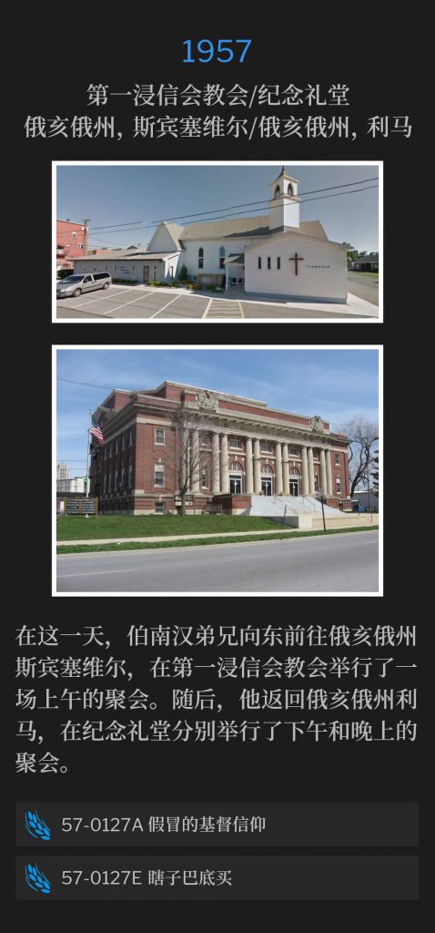 1957：
First Baptist Church / Memorial Hall, Spencerville,OH / Lima, OH
第一浸信会教会/纪念礼堂，俄亥俄州，斯宾塞维尔/俄亥俄州，利马

On this day, Brother Branham traveled east to Spencerville, OH, and held a morning service at the First Baptist Church. He then returned to Lima, OH for an afternoon and evening service at Memorial Hall.
在这一天，伯南汉弟兄向东前往俄亥俄州斯宾塞维尔，在第一浸信会教会举行了一场上午的聚会。随后，他返回俄亥俄州利马，在纪念礼堂分别举行了下午和晚上的聚会。

57-0127A The lmpersonation Of Christianity
57-0127A 假冒的基督信仰

57-0127E Blind Bartimaeus
57-0127E 瞎子巴底买