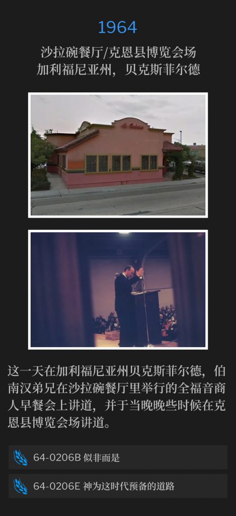 1964:
Salad Bowl Restaurant / Kern County Fairgrounds, Bakersfield, CA
沙拉碗餐厅/克恩县博览会场，加利福尼亚州，贝克斯菲尔德

On this day in Bakersfield, CA, Brother Branham spoke at a Full Gospel Businessmen's breakfast at the Salad Bow Restaurant, and then spoke at the Kern County Fairgrounds later that evening.
这一天在加利福尼亚州贝克斯菲尔德，伯南汉弟兄在沙拉碗餐厅里举行的全福音商人早餐会上讲道，并于当晚晚些时候在克恩县博览会场讲道。

64-0206B Paradox
64-0206B 似非而是

64-0206E God's Provided Way For This Day
64-0206E 神为这时代预备的道路