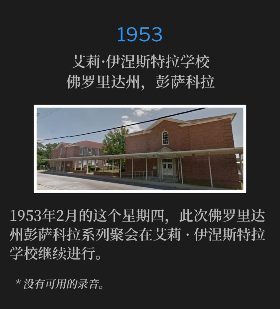 1953:
Allie Yniestra School, Pensacola, FL
艾莉·伊涅斯特拉学校，佛罗里达州，彭萨科拉

The Pensacola, FL meetings continued on this February Thursday of 1953 from the Allie Yniestra School.
1953年2月的这个星期四，此次佛罗里达州彭萨科拉系列聚会在艾莉·伊涅斯特拉学校继续进行。

* No recordings available.
* 没有可用的录音。
