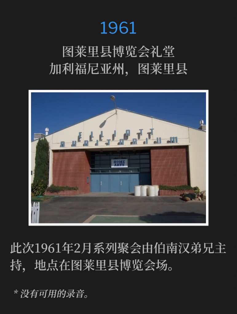 1961:
Tulare County Fairgrounds Auditorium, Tulare, CA
图莱里县博览会礼堂，加利福尼亚州，图莱里县

The Tulare County Fairgrounds was the venue of the 1961 February meetings, held by Brother Branham.
此次1961年2月系列聚会由伯南汉弟兄主持，地点在图莱里县博览会场。

* No recordings available.
* 没有可用的录音。
